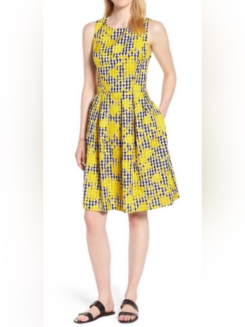 1901 Yellow Floral Gingham Cross Back Cotton Dress Size 6P
